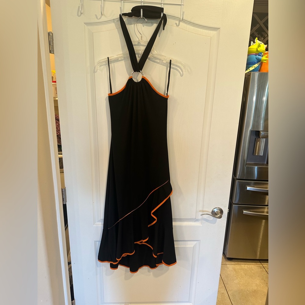 Entrancy women’s vintage black halter Midi dress w orange trim no size tag